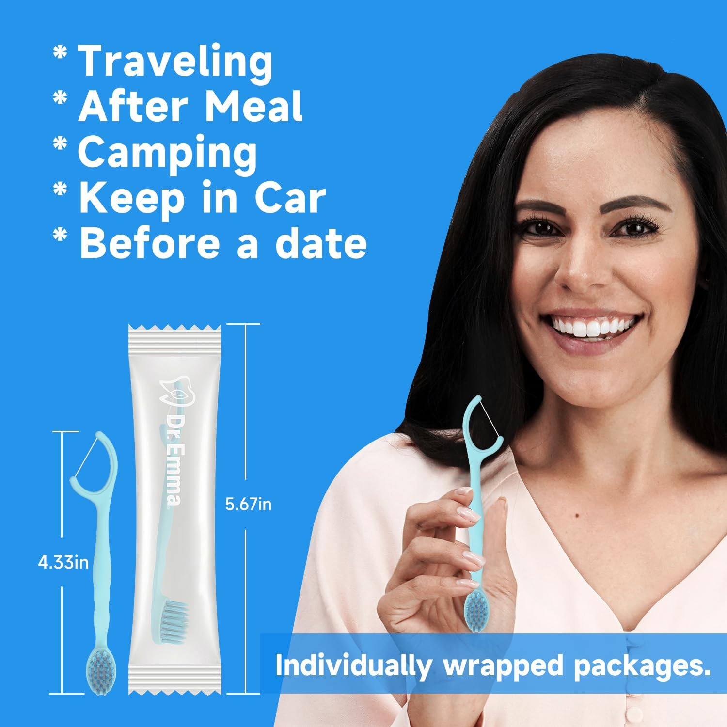 Dr. Emma Mini Brush Disposable Toothbrushes with Floss, Travel Mint Toothbrush for On-The-Go Use, 24 Packs Individually Wrapped Small Portable Toothbrush, Blue