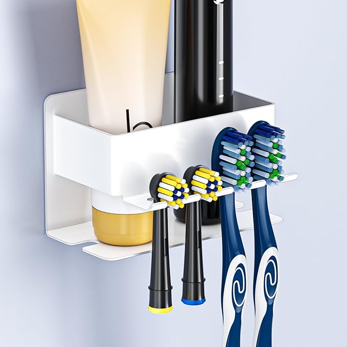 Toothbrush Head Holders, Electric Tooth Brush Head Holder, Adhesive Toothpaste Holder for Shower Bathrooms, Wall Mounted Tooth Brushing Holder Organizer Storage (White, Small)