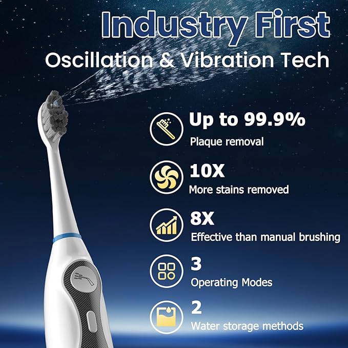 3-in-1 Flossing Toothbrush-Flosses, Vibrates and Oscillates, Electric Toothbrush with Water Flosser Equipe 5 Brush Heads, Plaque Removal for Sensitivity, Braces-White