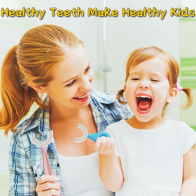 YOTEE U-Shaped Toothbrush Kids 2 PCS - Toddler Toothbrush with Food Grade Soft Silicone Brush Head, Manual Whole Mouth Tooth Brush for Kids Age 2-6(Blue+Pink)