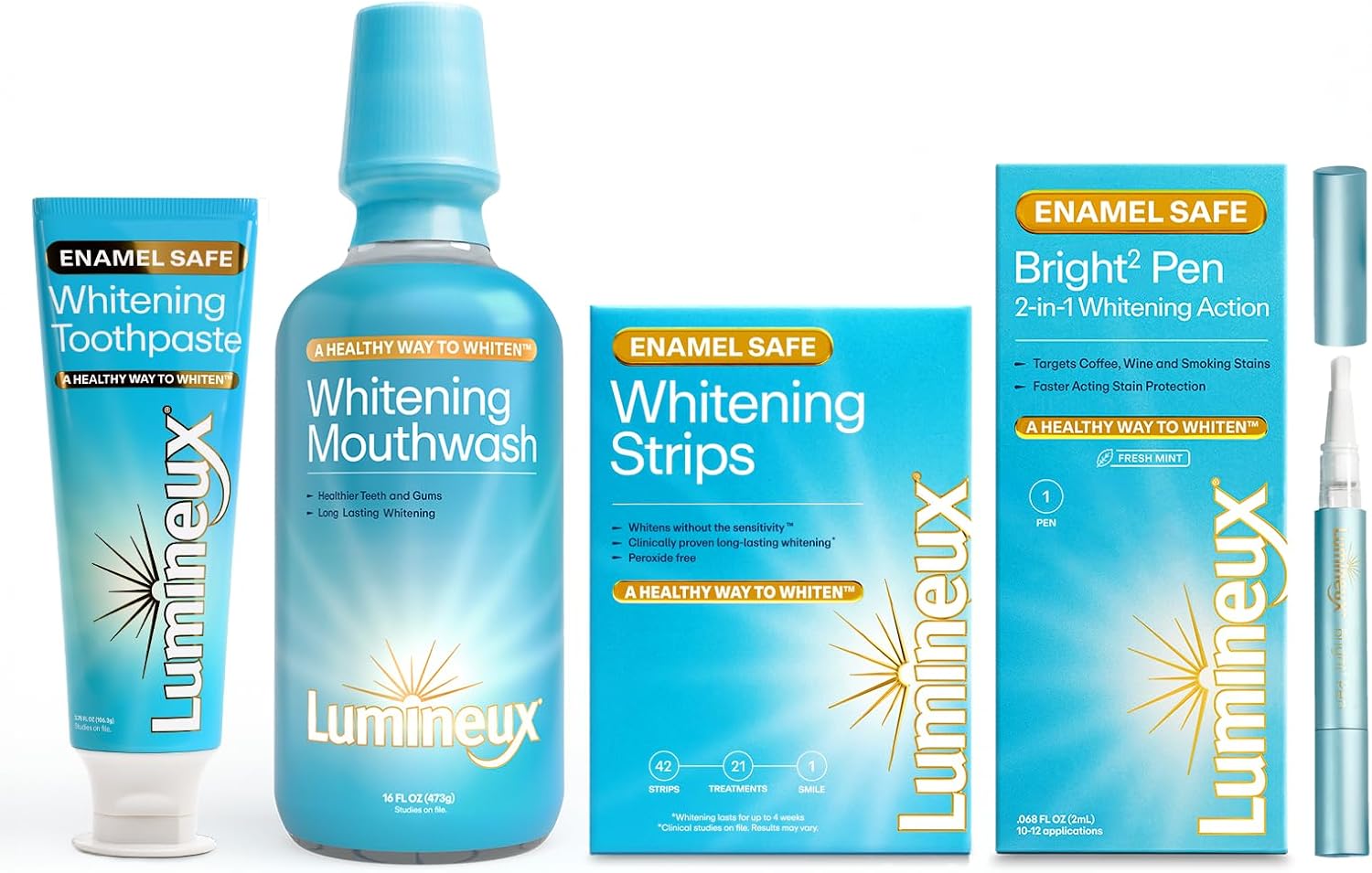 Lumineux Ultimate Whitening Kit Bundle - Contains Toothpaste, Mouthwash, Strips and Whitening Pen - Enamel Safe and Clinically Proven to Whiten Without The Sensitivity - Removes Coffee and Tea Stains