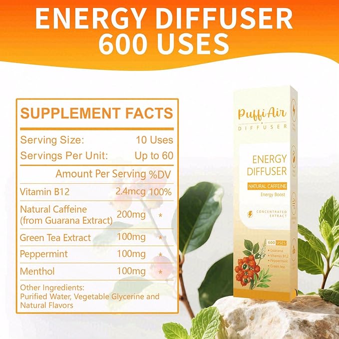 Energy Herbal Diffuser Pen - Caffeine Diffuser for Energy Boost (Guarana, Green Tea, Peppermint & Menthol) - 600 Uses, 1 Sticks