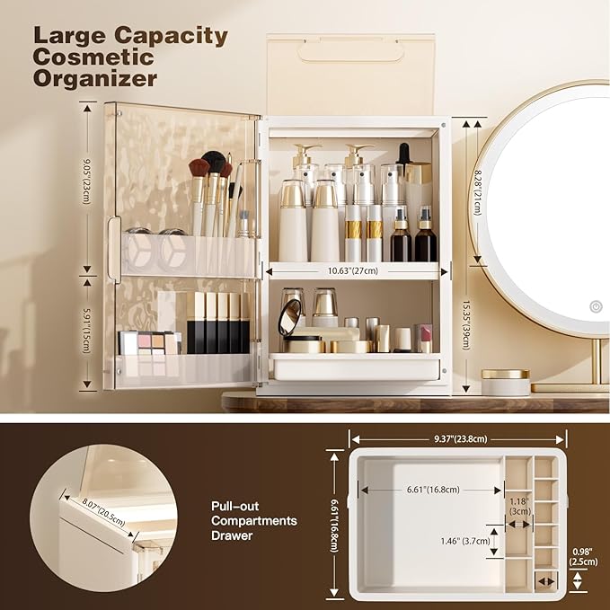 Makeup Organizer with Drawers,Skincare Organizer for Vanity,Large Cosmetic Display Case with Handle,Storage Organizers with Cover and Makeup Brush Holder for Dresser, Bathroom Countertop