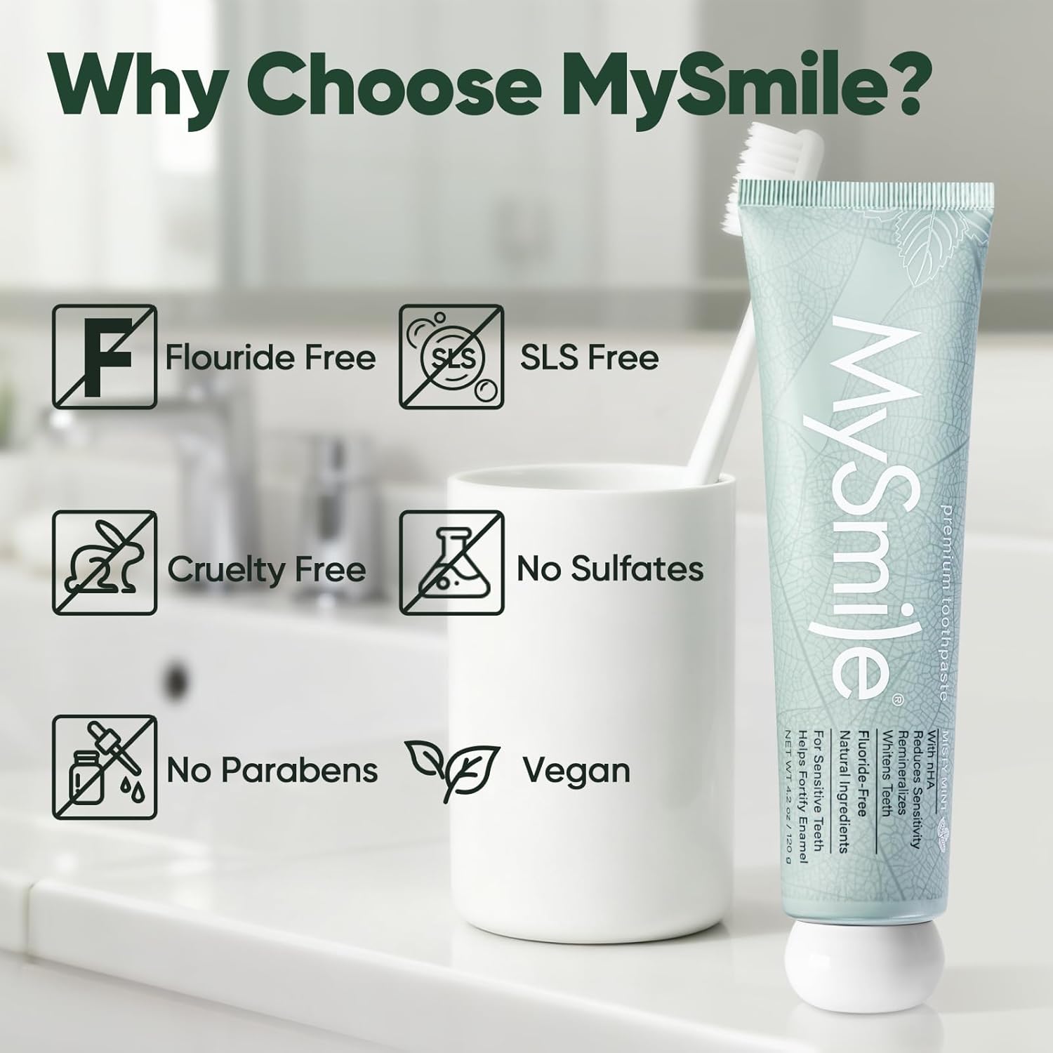 MySmile Fluoride Free Toothpaste, Nano Hydroxyapatite Toothpaste for Sensitive Teeth, Strengthens Enamel, Remineralizes & Whitens Teeth, Freshens Breath for Adults, SLS Free, Natural Misty Mint, 4.2oz