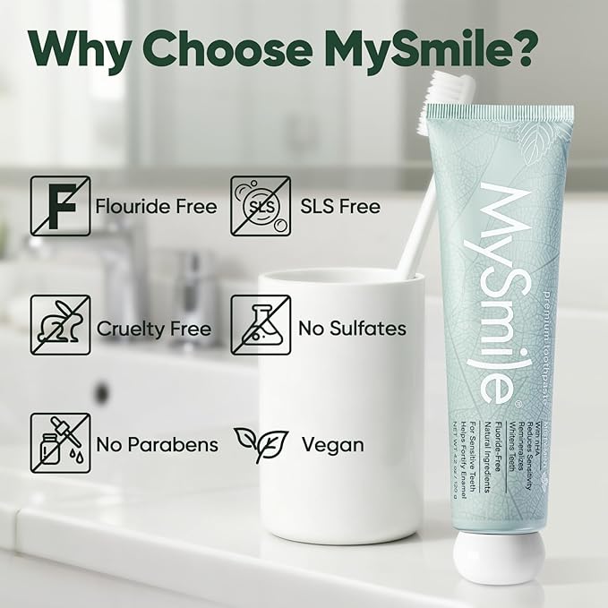 MySmile Fluoride Free Nano Hydroxyapatite Toothpaste for Sensitive Teeth, Strengthens Enamel, Remineralizes & Whitens Teeth, Freshens Breath for Adults, SLS Free, Misty Mint, 4.2 oz