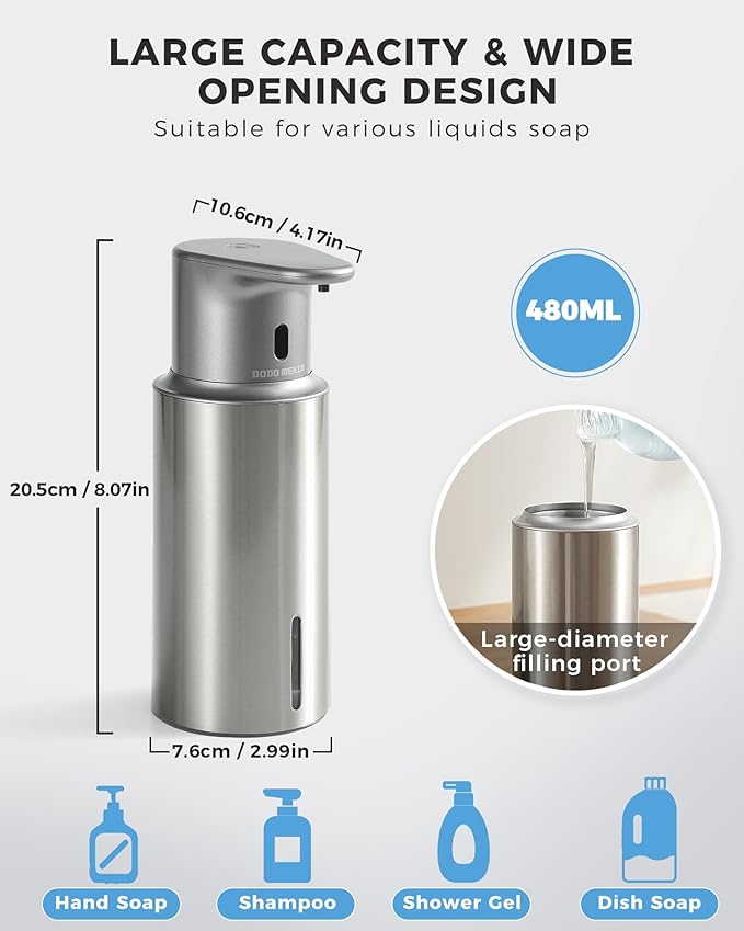 Automatic Liquid Soap Dispenser Touchless, 16.2oz/480ml Rechargeable, 3 Adjustable Liquid Levels, IPX7 Waterproof, for Kitchen Bathroom, Stainless Steel
