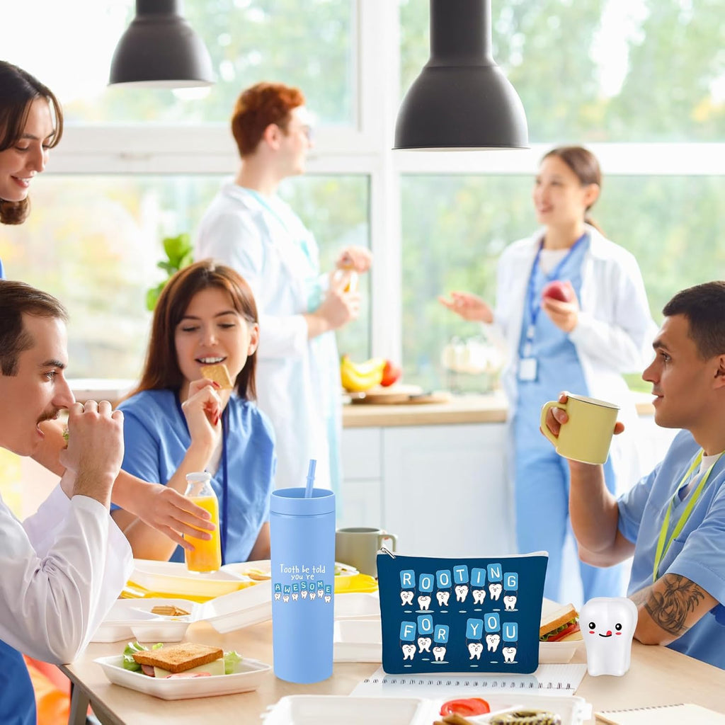 Skylety 3 Pcs Dental Hygiene Month Gifts Dental Assistant Hygienist Appreciation Gift 16oz Tumbler with Lid Cute Teeth Makeup Bag Stress Toy Employee Thank You Dentist Coworker Nurse Student(Blue)