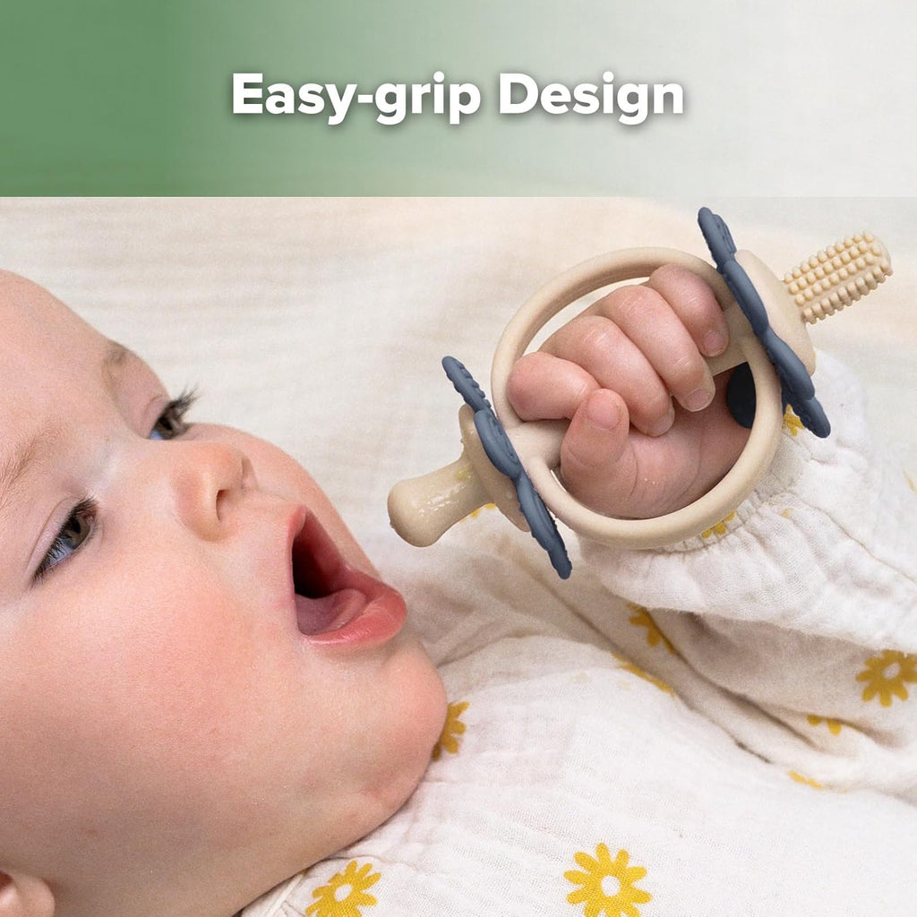 haakaa Silicone Teething Toy,Nipple-Shaped End for Gum Massage,360° Baby Toothbrush Head for Self-Brushing Training,Easy to Grip-Steel Blue