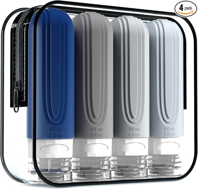 Travel Bottles for Toiletries, Tsa Approved 3oz Travel Size Containers BPA Free Leak Proof Refillable Liquid Silicone Squeezable Travel Accessories for Shampoo Conditioner Lotion (4 Pack)…