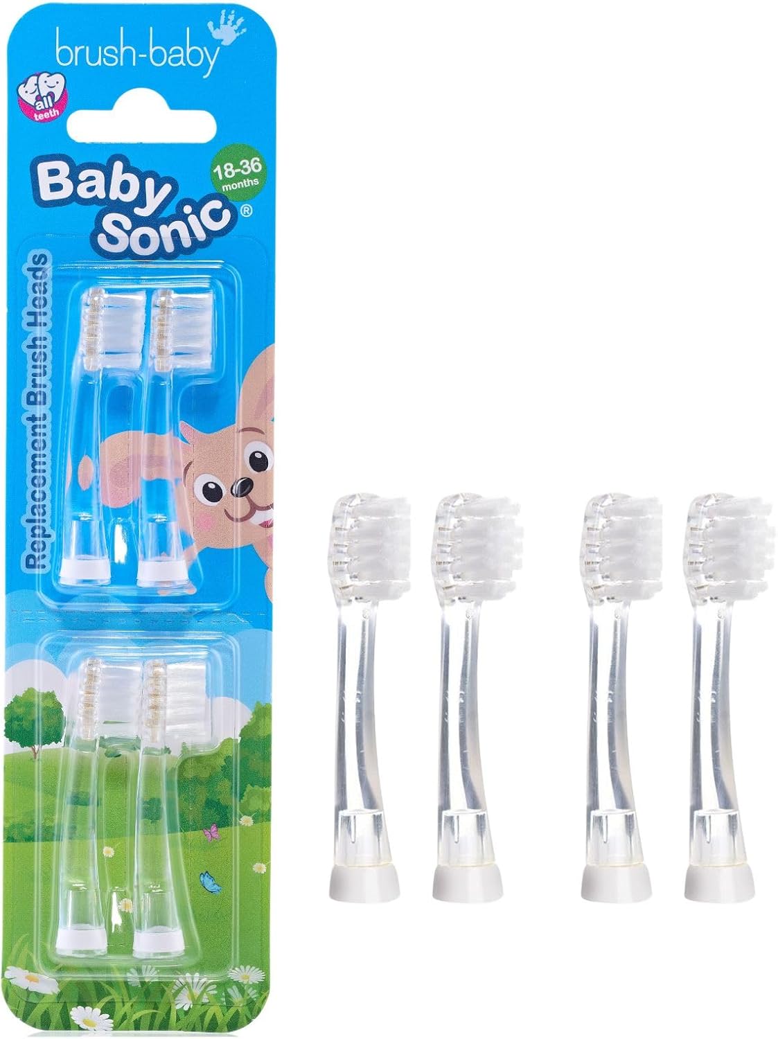 Brush-Baby - Replacement Heads for BabySonic Electric Toothbrush, 18-36 Months - Soft, Gentle Brush Heads for Baby Teeth & Gums - Toddler Toothbrush Head, BPA-Free, Toddler Oral Care - 4 Pack