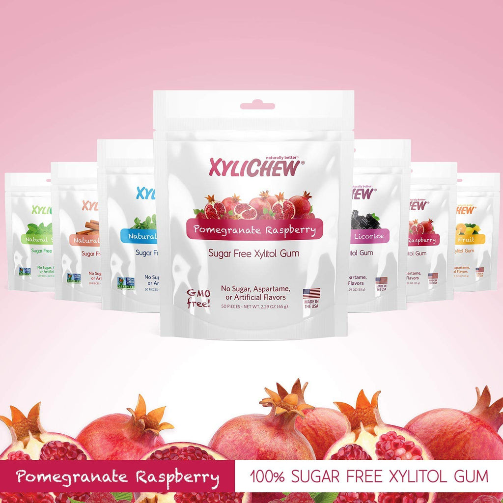 Xylichew 100% Xylitol Chewing Gum - Non GMO, Non Aspartame, Gluten Free, and Sugar Free Gum - Natural Oral Care, Relieves Bad Breath and Dry Mouth - Pomegranate Raspberry, 50 Count