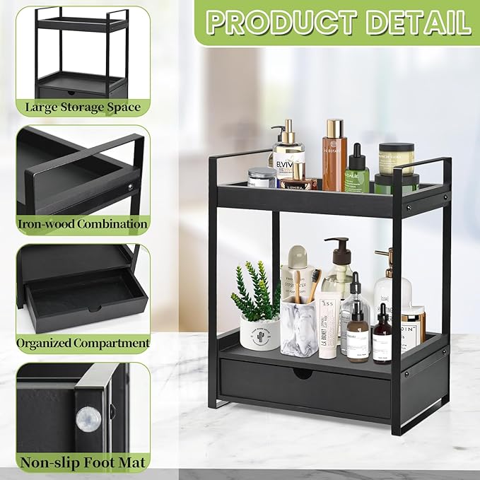 2-Tier Bathroom Organizer Countertop with Drawer, Wood Counter Shelf for Storage, Vanity Tray for Organization and Decor, Countertop Organizer for Bathroom, Kitchen, Office (Black)