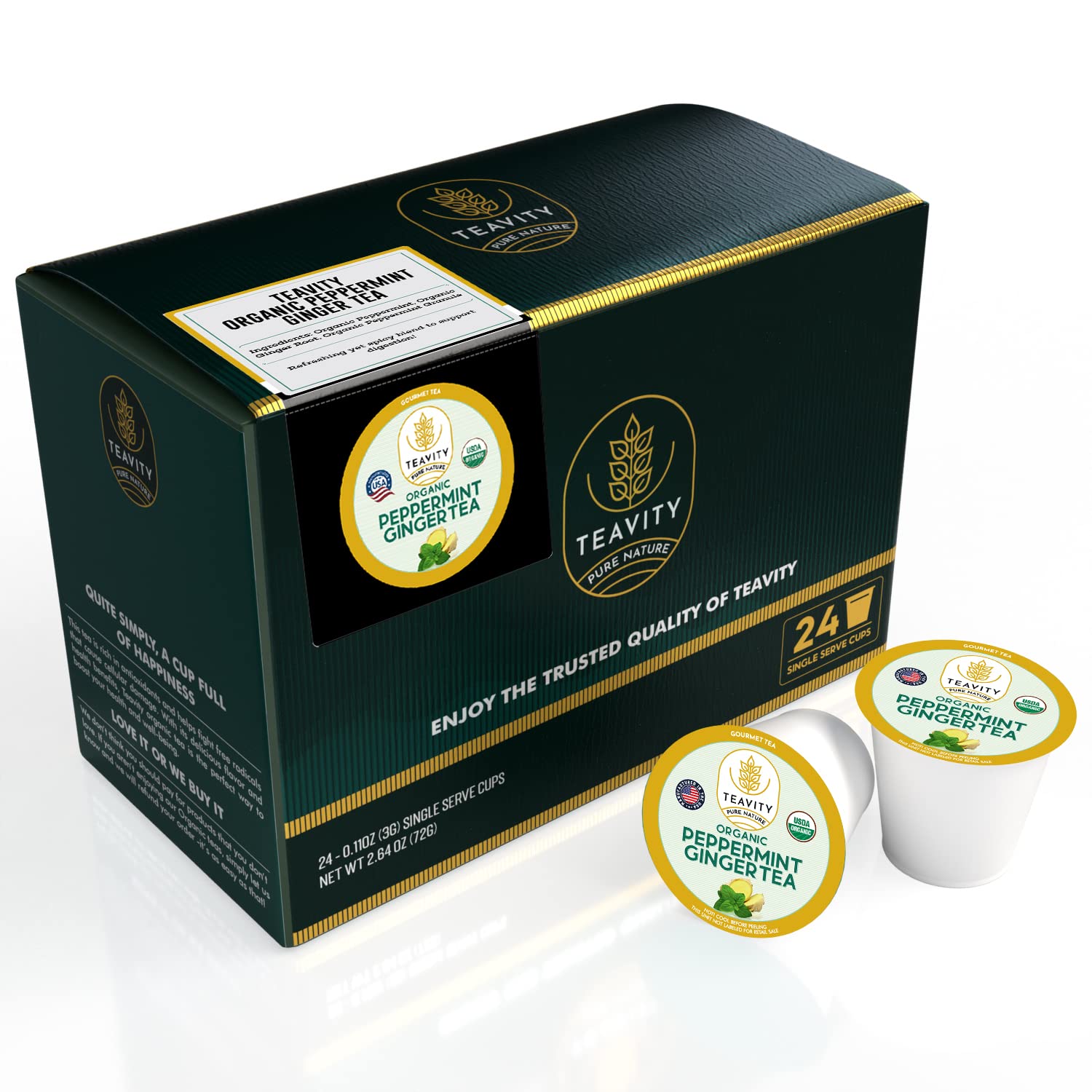 Teavity Organic Peppermint Ginger Tea Pods for Keurig - Decaf, 24 Count