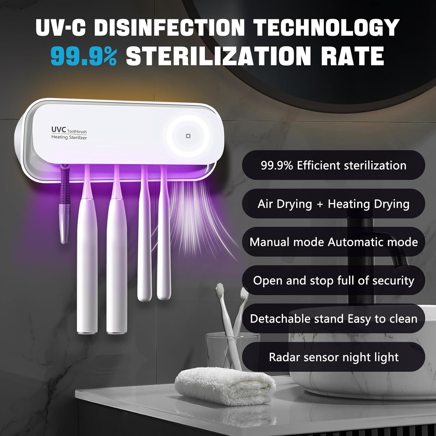 Toothbrush San itizer Holders Tooth Brush Holder Wall-Mounted for Bathroom 5 Slots Electric Toothbrush Holder with Light San itizer Toothbrush Cleaner with Air Dry