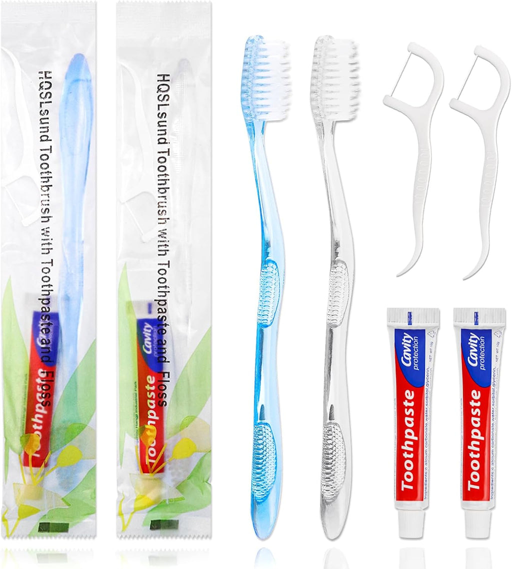 100 pcs Disposable Toothbrushes with Toothpaste Floss Individually Wrapped, 2 Color Toothbrush, 10g Toothpaste, Floss Pick, Bulk Toothbrush for Homeless,Airbnb,Hotel,Guest