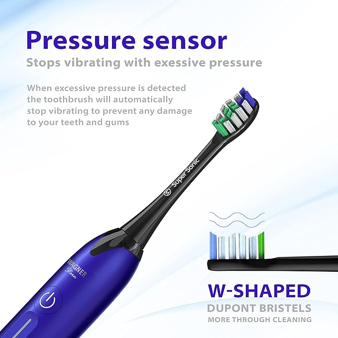 Wagner Stern Ultrasonic whitening Toothbrush with Pressure Sensor. 5 Brushing Modes and 4 Levels of Intensity, 8 Soft bristles, Travel case.