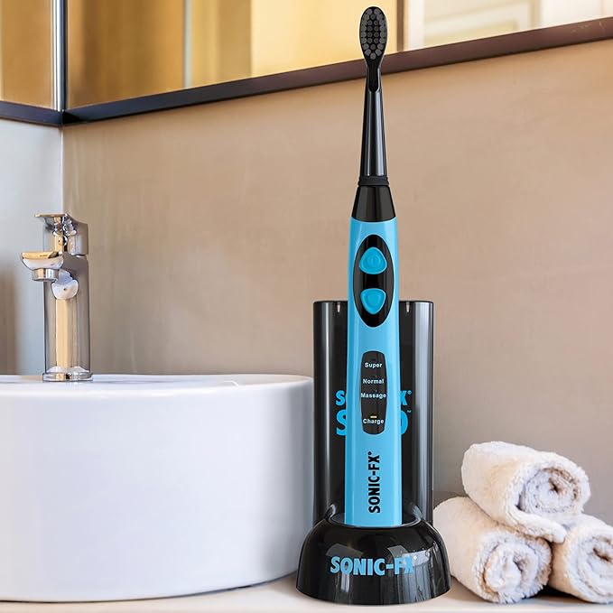 Sonic-FX Solo Electric Toothbrush w/ 10 Brush Heads + 1 Interdental, Charcoal Bristles, Rechargeable, Charging/Storage Base, 3 Brush Modes, Smart Timer, 2 Months Use on Full Charge, Blue Color