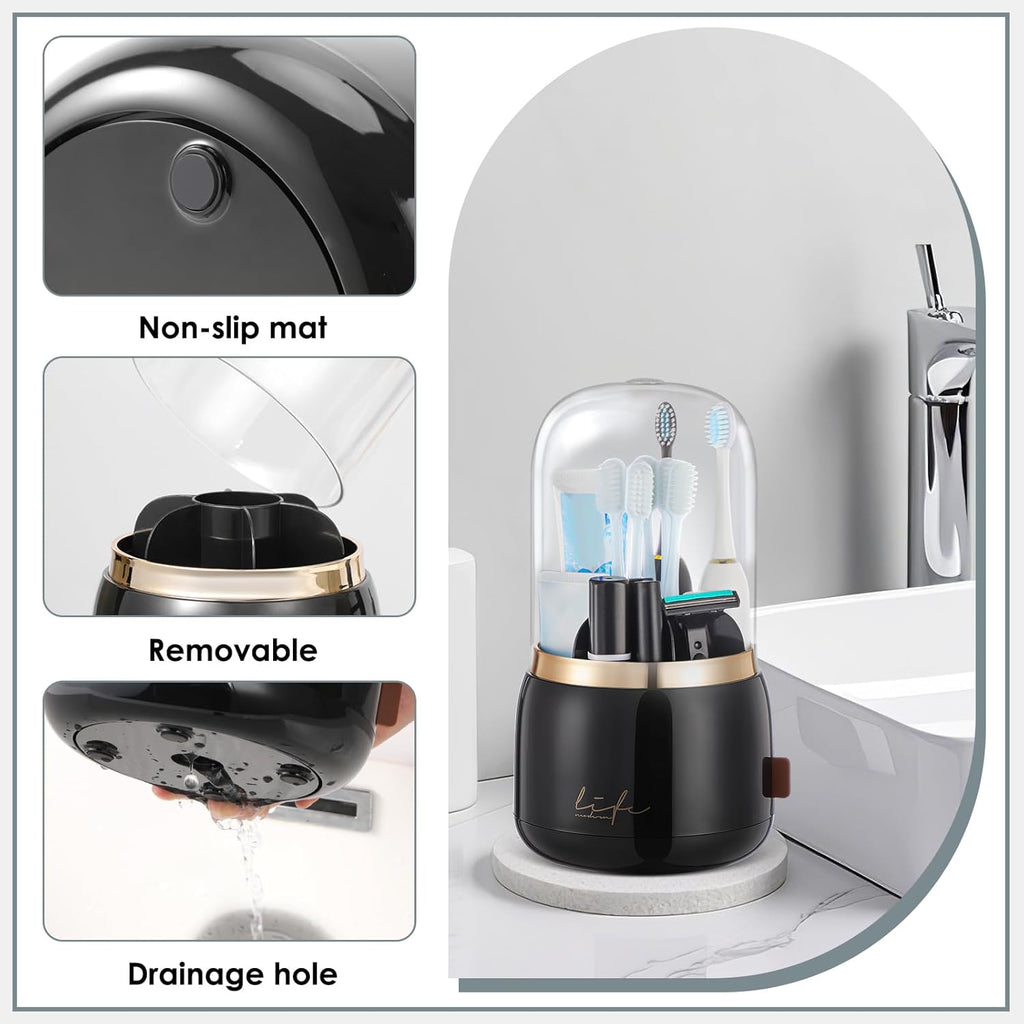 EXIN DECHEN Toothbrush Holders with Cover for Bathrooms, 360° Rotating 7-Slot Draining Water for Placing Kids Electric Toothbrushes,Toothpaste,Razors,Bathroom Counter Dresser Vanity Organizer(Black)