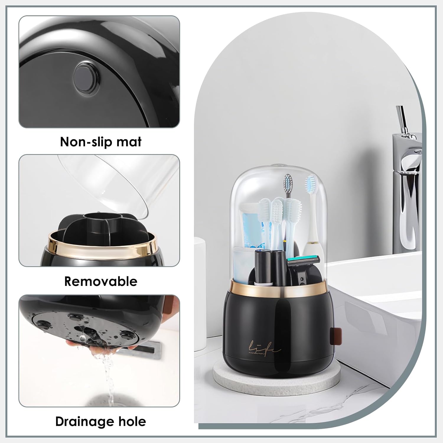 EXIN DECHEN Toothbrush Holders with Cover for Bathrooms, 360° Rotating 7-Slot Draining Water for Placing Kids Electric Toothbrushes,Toothpaste,Razors,Bathroom Counter Dresser Vanity Organizer(Black)