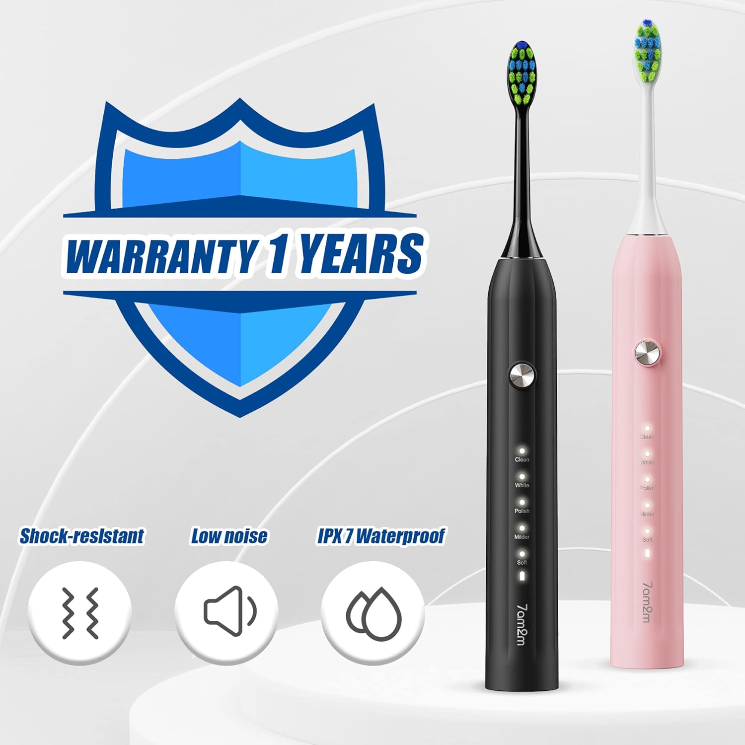 7AM2M Rechargeable Sonic Electric Toothbrush 2 Pack, Soft Toothbrushes for Adults and Kids with 12 Brush Heads, IPX7 One Charge Use for 60 Days, 5 Modes with 2 Minutes Build in Smart Timer