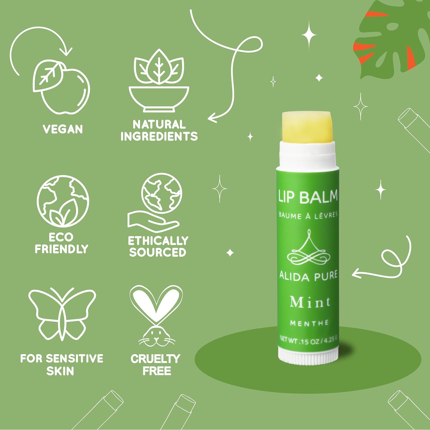 ALIDA PURE Mint Lip Balm Collection, Vegan Lip Balm, Beeswax Free, with Avocado Oil, Organic Jojoba Oil, and Vitamin E, for Dry, Chapped, or Cracked Lips, 3 Tube Set