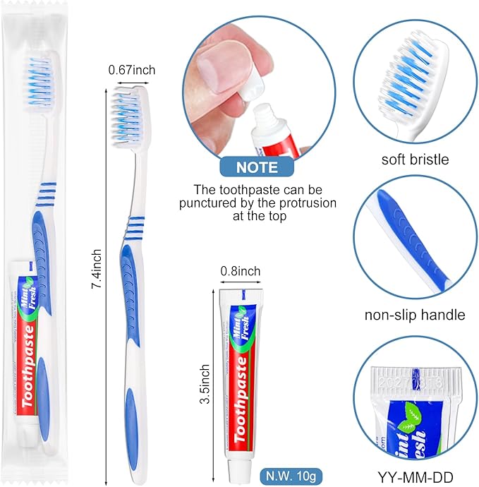 100 Pack Disposable Toothbrushes with Toothpaste Individually Wrapped, 10g Travel Toothpaste Single Use Manual Toothbrush Kit for Adults Guests Travel Hotel Nursing (100 pcs,5 Colors)