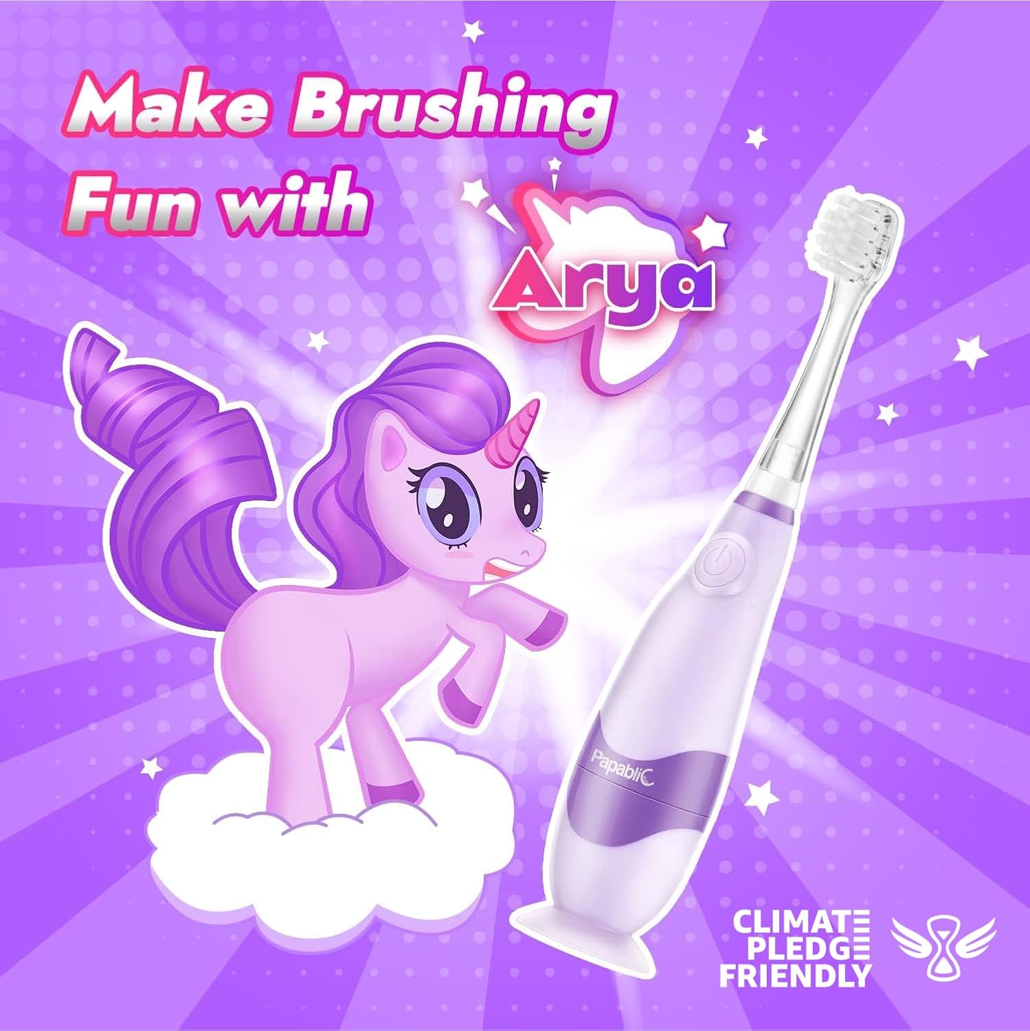 Papablic Toddler Sonic Electric Toothbrush Kids for Ages 1-3 Years, Baby Electric Toothbrush with Cute Unicorn Cover and Smart LED Timer, 4 Brush Heads (Arya)