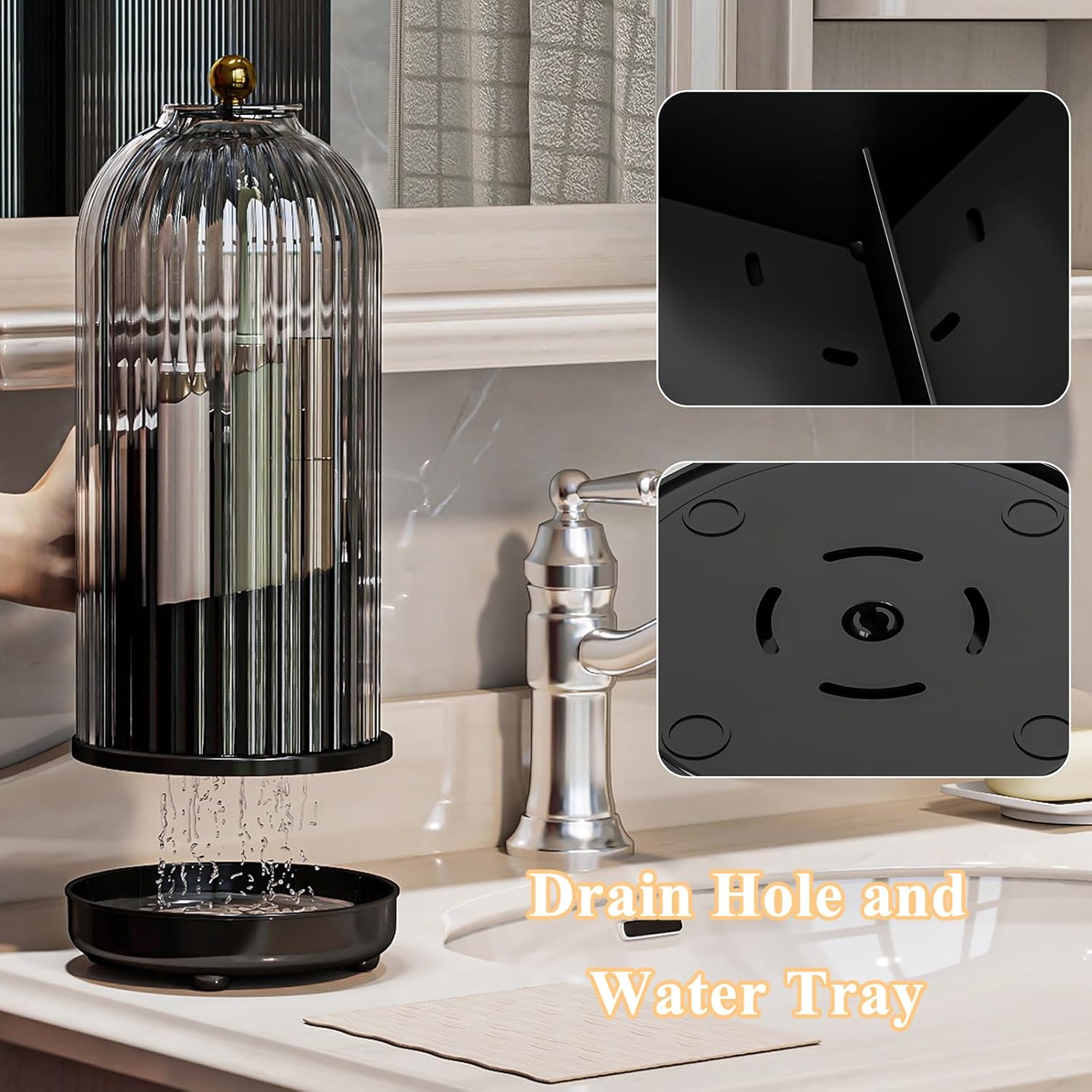 Toothbrush Holders with Cover, Drainage Rotating Electric Toothbrush Organizer, 3 Slots Tooth Brush Holder for Bathroom Counter, Gray Black