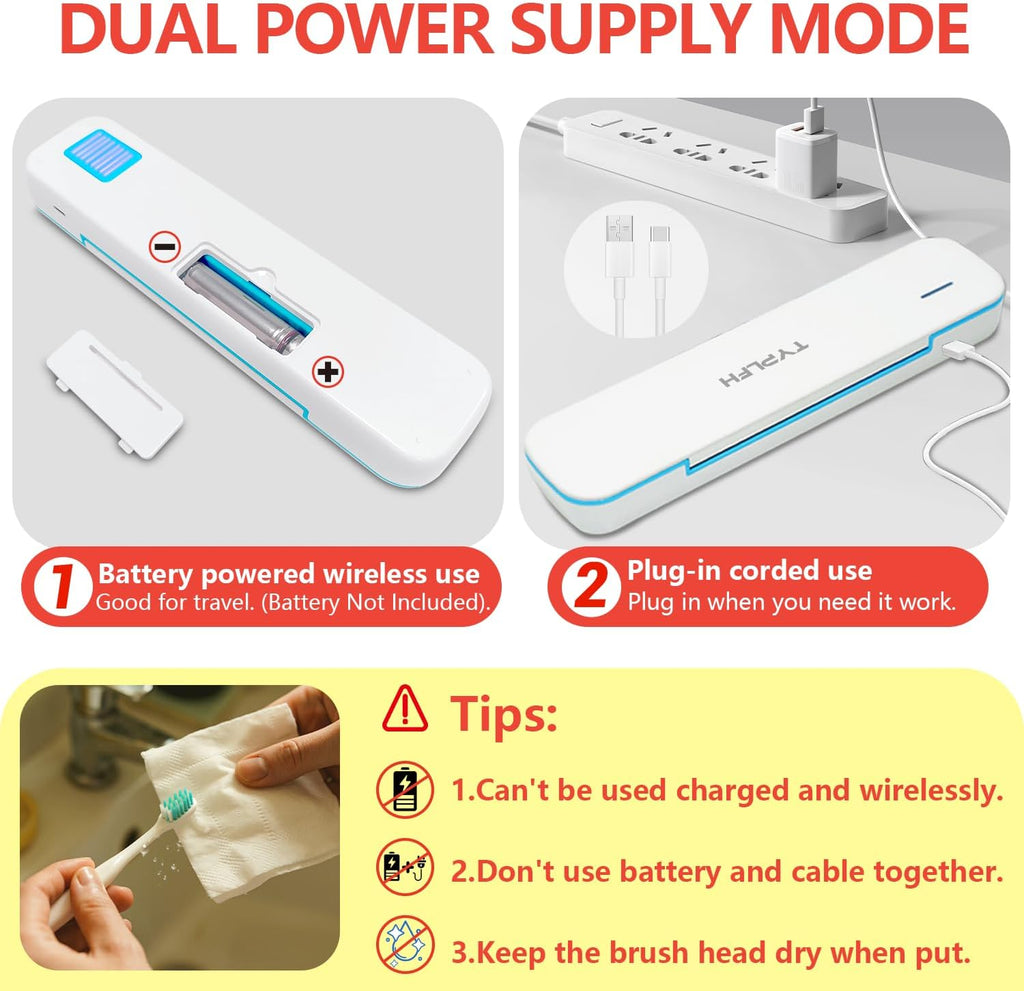 Toothbrush Sanitizer Case, TYPLFH Toothbrush Covers, Portable Toothbrush Travel Holder for Clean and Storage, C Port and AA Batteries Charge, Air Water Filt, Auto-Off, for All Toothbrushes (Blue)