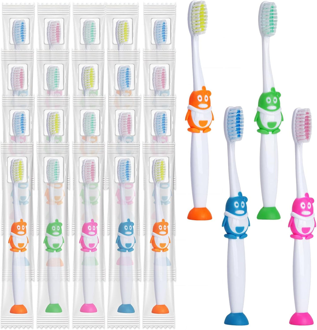 100 Pack Kids Toothbrush Soft Bristles Toddler Cute Toothbrush Bulk with Suction Cup, Includes Travel Covers, Individually Wrapped Toothbrushes for Kid Home School Daycare Camp (Penguin)