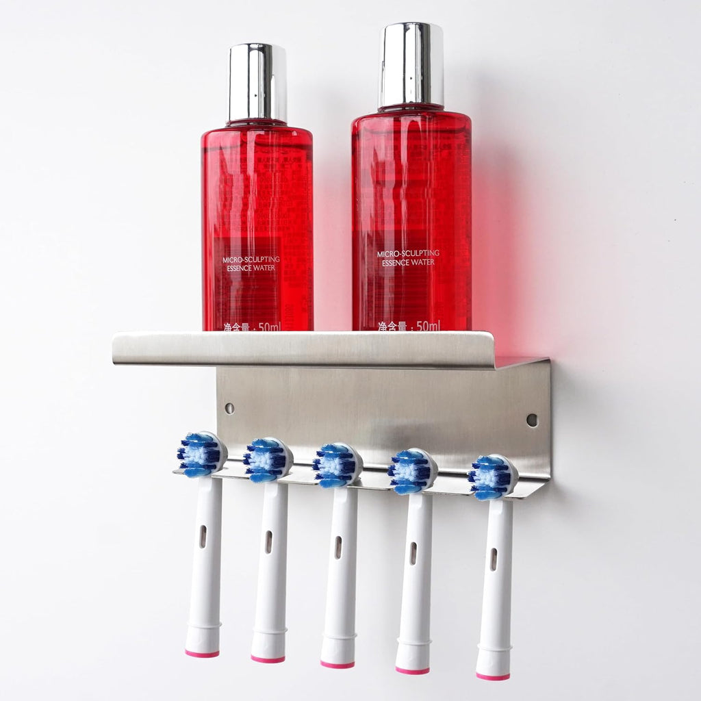 Stainless Steel Toothbrush Holder Wall Mounted - No Drill Bathroom Organizer with 3M Adhesive & Screws, 5-Slot Razor & Electric Toothbrush Holder, Rustproof for Wet Spaces (Silver, 18/8 304 Grade)
