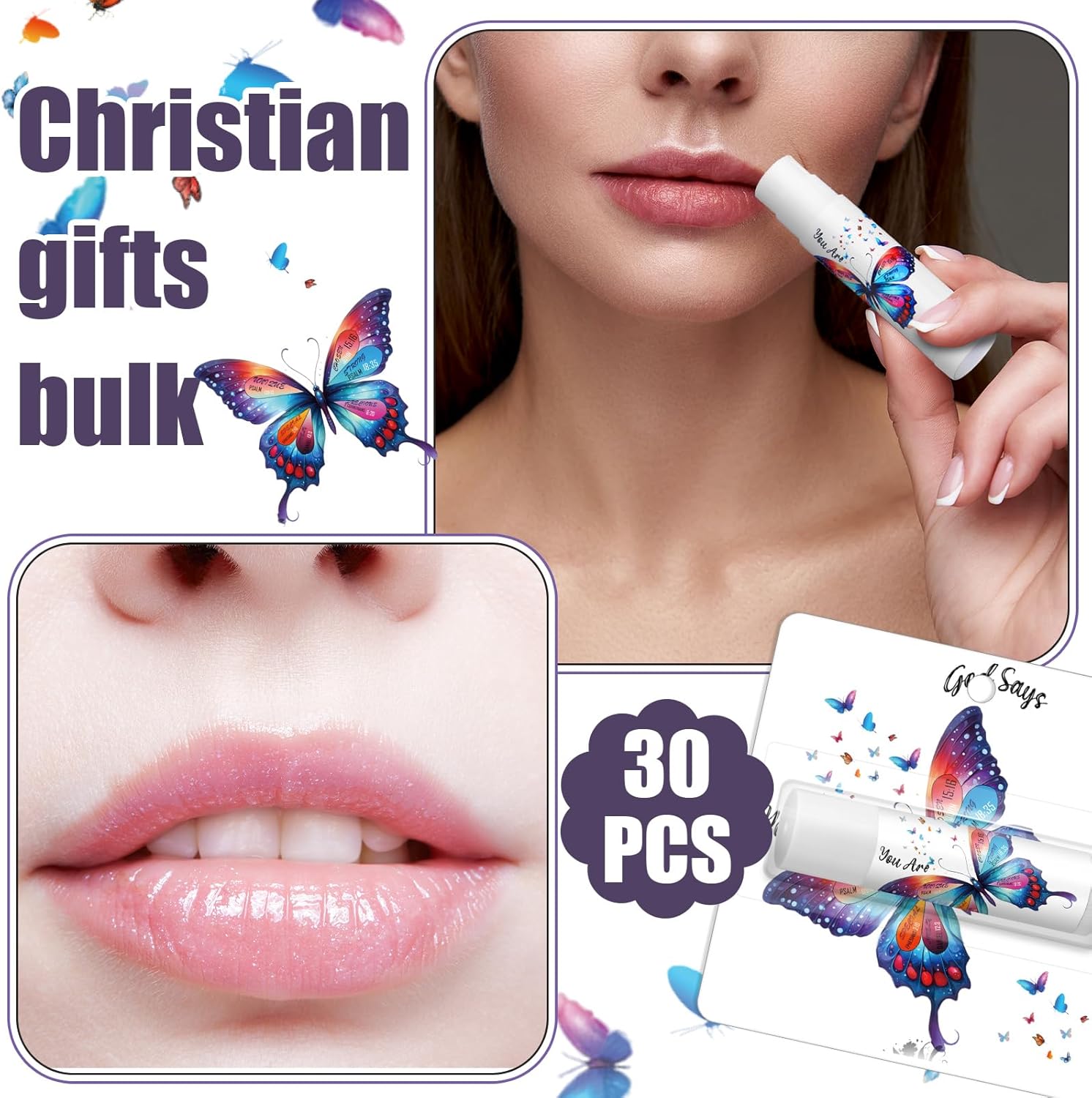 25 Pack Christmas Purple Butterfly Gifts Religious Bible Verse Lip Balms Bulk 5 Flavor for Women Men Christian Church Party Favors with Scripture Inspirational Gifts for Coworkers Staff