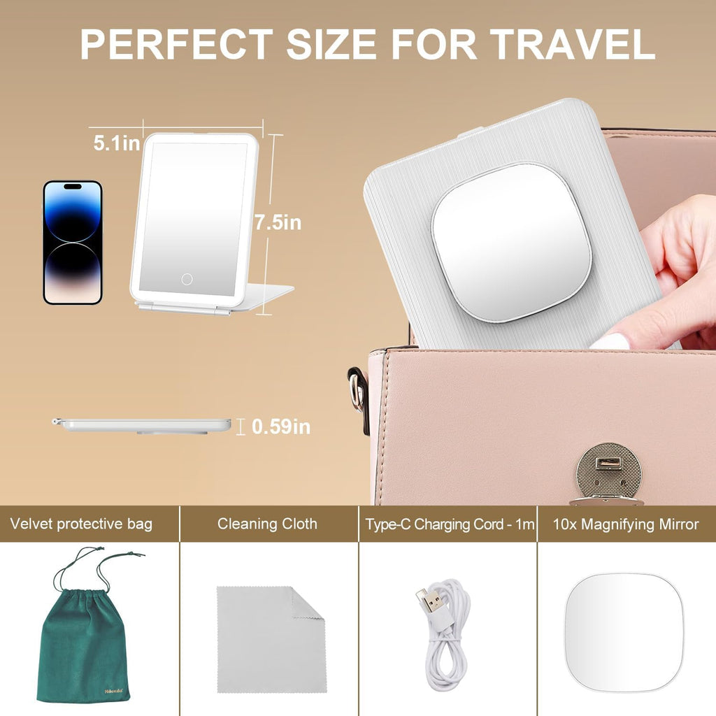 Mocado LED Foldable Travel Makeup Mirror - 5x7 inches 3 Colors Light Modes USB Rechargeable Touch Screen, Portable Tabletop Cosmetic Mirror for Travel, Cosmetic, Office (White)