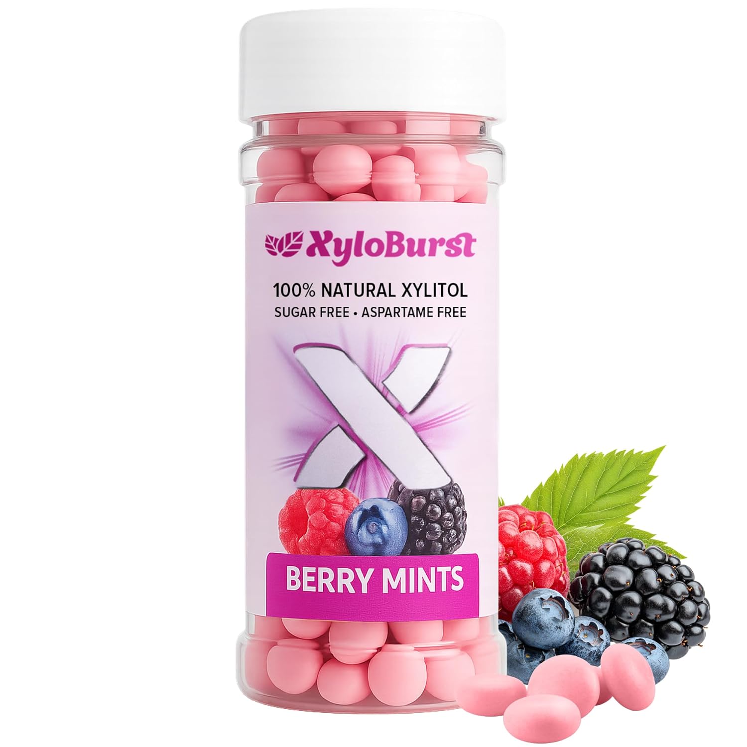 XyloBurst Mints Sugar Free Mint candies with Xylitol, Aspartame Free, Gluten Free, Vegan & Keto Friendly 200 Count Jar (1 Bottle Pack, Berry)
