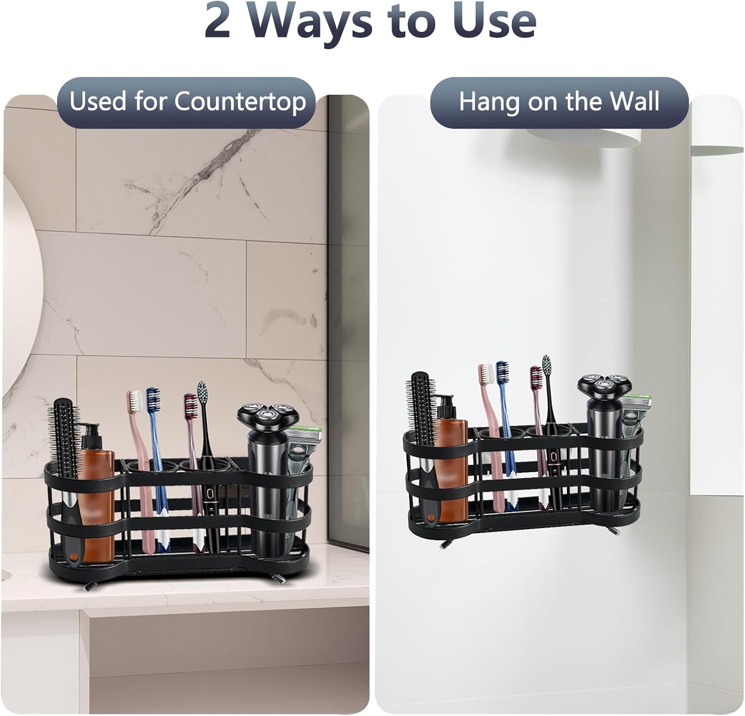 Wall Mount Toothbrush Holder for Shower Stainless Steel Toothbrush Stand, Self-Adhesive Wallmount/Countertop 4 Slots Bathroom Accessories Organizer (Black 1)