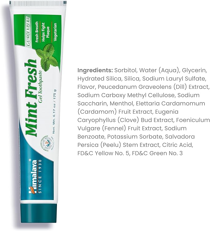 Himalaya Mint Fresh Gel Toothpaste, Fluoride Free to Reduce Plaque & Brighten Teeth, 6.17 oz, 2 Pack