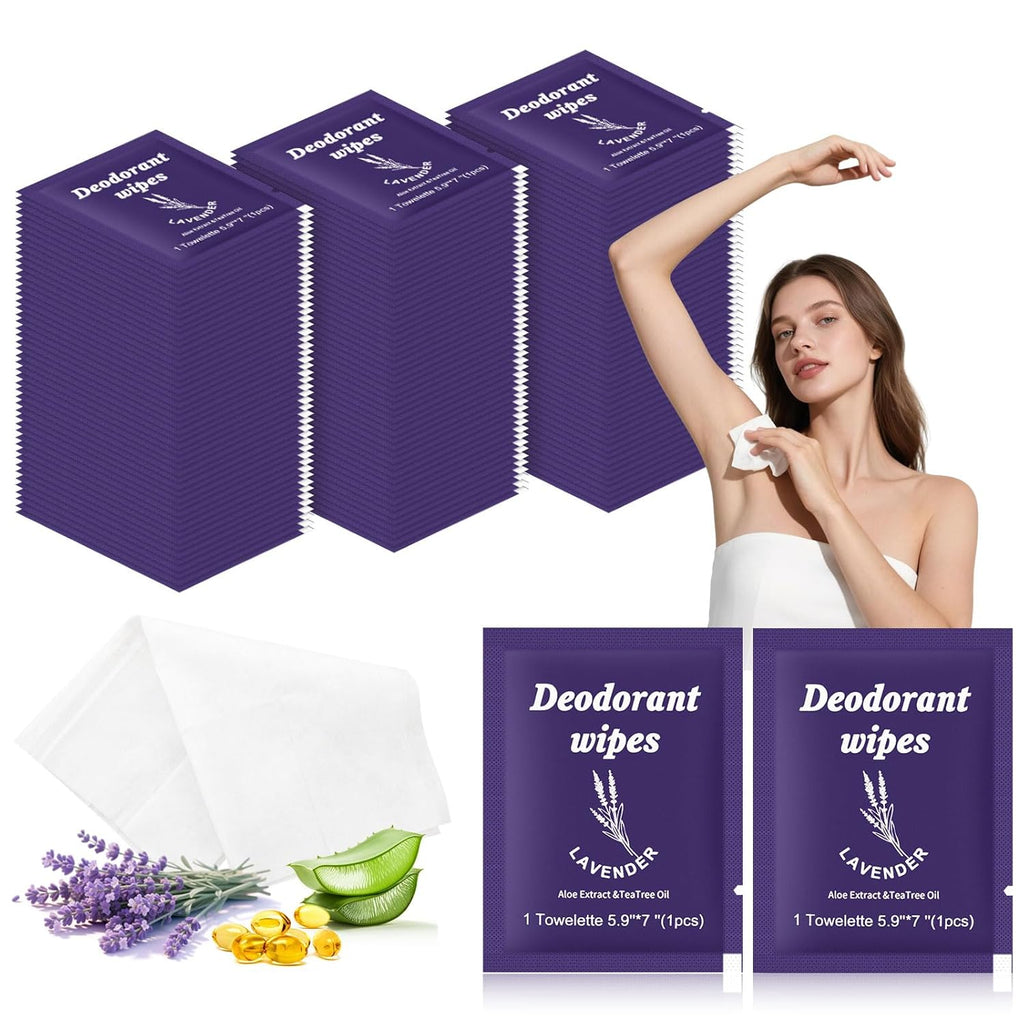 Travel Deodorant Wipes Individually Wrapped,Body Wipes to Clean Skin for Women Men（Lavender,pack of 50)