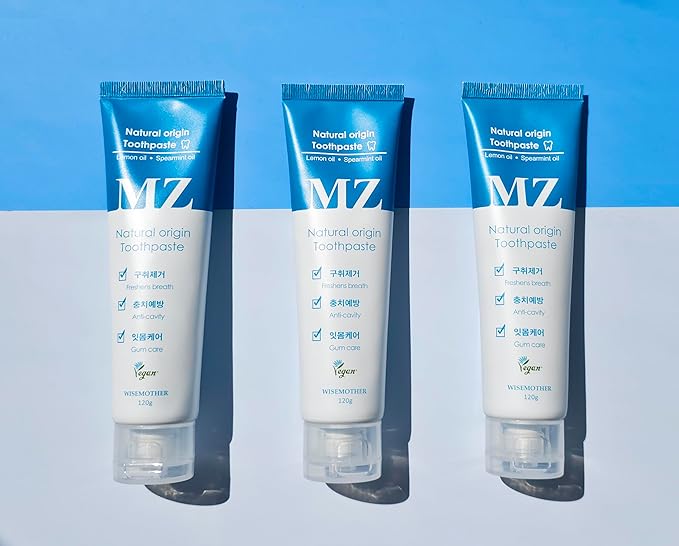 WISEMOTHER MZ Fresh Vegan Toothpaste 2-Pack – Fluoride-Free, SLS-Free Natural Mint Toothpaste with Lemon Oil & Xylitol, 120g Each, Fresh Breath & Healthy-Looking Gums