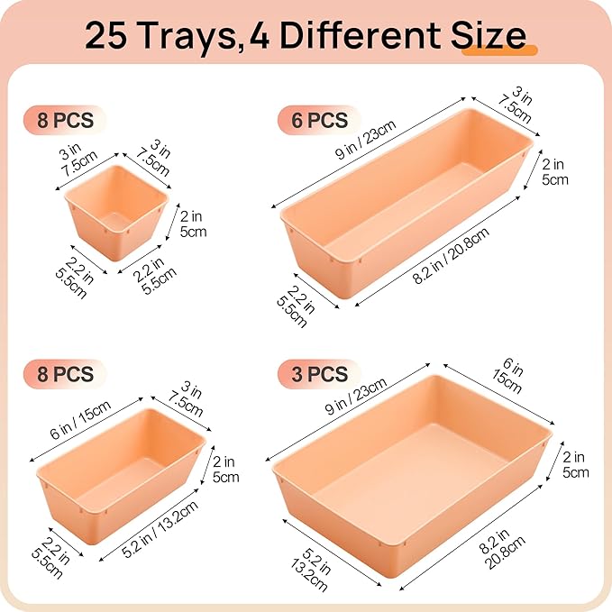 Vtopmart 25 PCS Plastic Drawer Organizers Set, 4-Size Versatile Bathroom and Vanity Drawer Organizer Trays, Storage Bins for Makeup, Bedroom, Kitchen Gadgets Utensils and Office