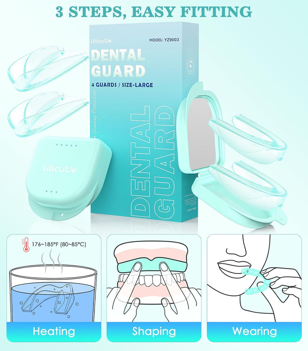 Mouth Guard for Grinding Teeth at Night, Night Guards for Teeth Grinding, 4 Pack/Large Size Moldable Dental Guard for Sleeping with 2 x 5X Mirror Mouth Guard Case, Mint Green