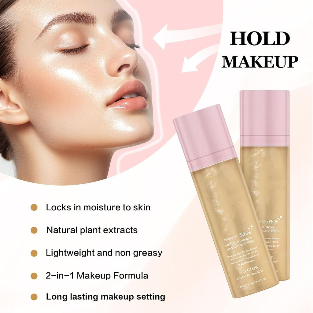 Sheer Setting Mist Sunscreen SPF 50 for Face & Body, Broad Spectrum Shimmering Body Oil Mist, Hydrating Makeup Friendly Glow Spray, Non-Greasy, Fast-Absorbing, Waterproof Long Lasting