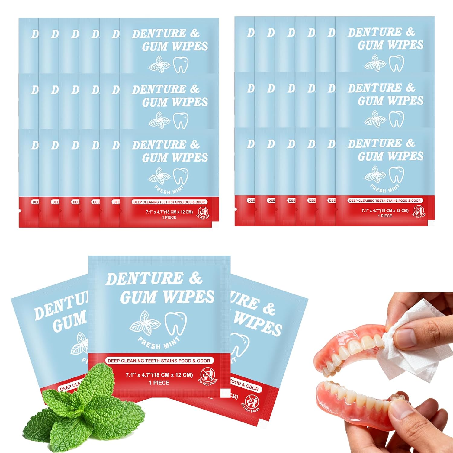 Denture Cleaner Wipes Disposable Teeth Gum Retainer Wipe Oral Care, Tooth Gums Cleaning Dental Dentures Tablets, Denture Adhesive Food Debris Braces Stain Odor Remover for Adults Elderly Mint 200 Pcs