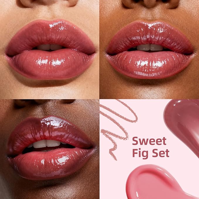 KIMUSE 3PCS Lip Combo Set - Matte Lip Liner Pencil + Hydrating Tinted Lip Balm + Juicy Lip Gloss Tint, Non-Sticky, Long-Lasting, High Pigment Lip Makeup Kit (Sweet Fig Set)