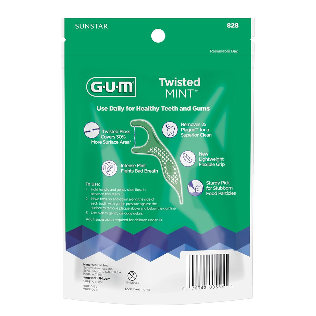 GUM Twisted Mint Floss Picks - Twisted Threads, Shred-Resistant Floss, Easy Grip Handle, 90 Count(Pack of 6)