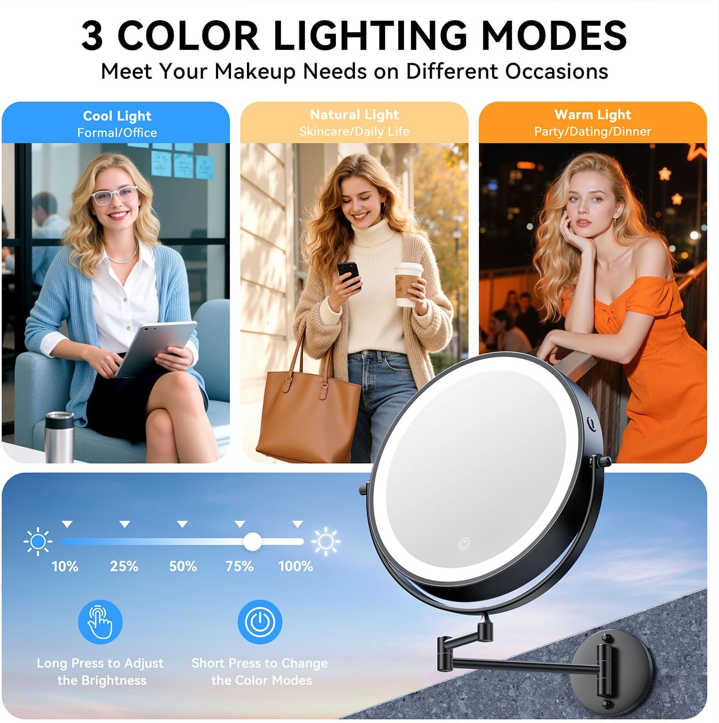 10'' 30X/1X Wall Mounted Lighted Makeup Mirror, 5000mAh Rechargeable Double-Sided Magnifying Mirror with Light, LED Vanity Mirror Touch Dimmable 3 Colors 360° Rotation Extended Foldable Arm, Black