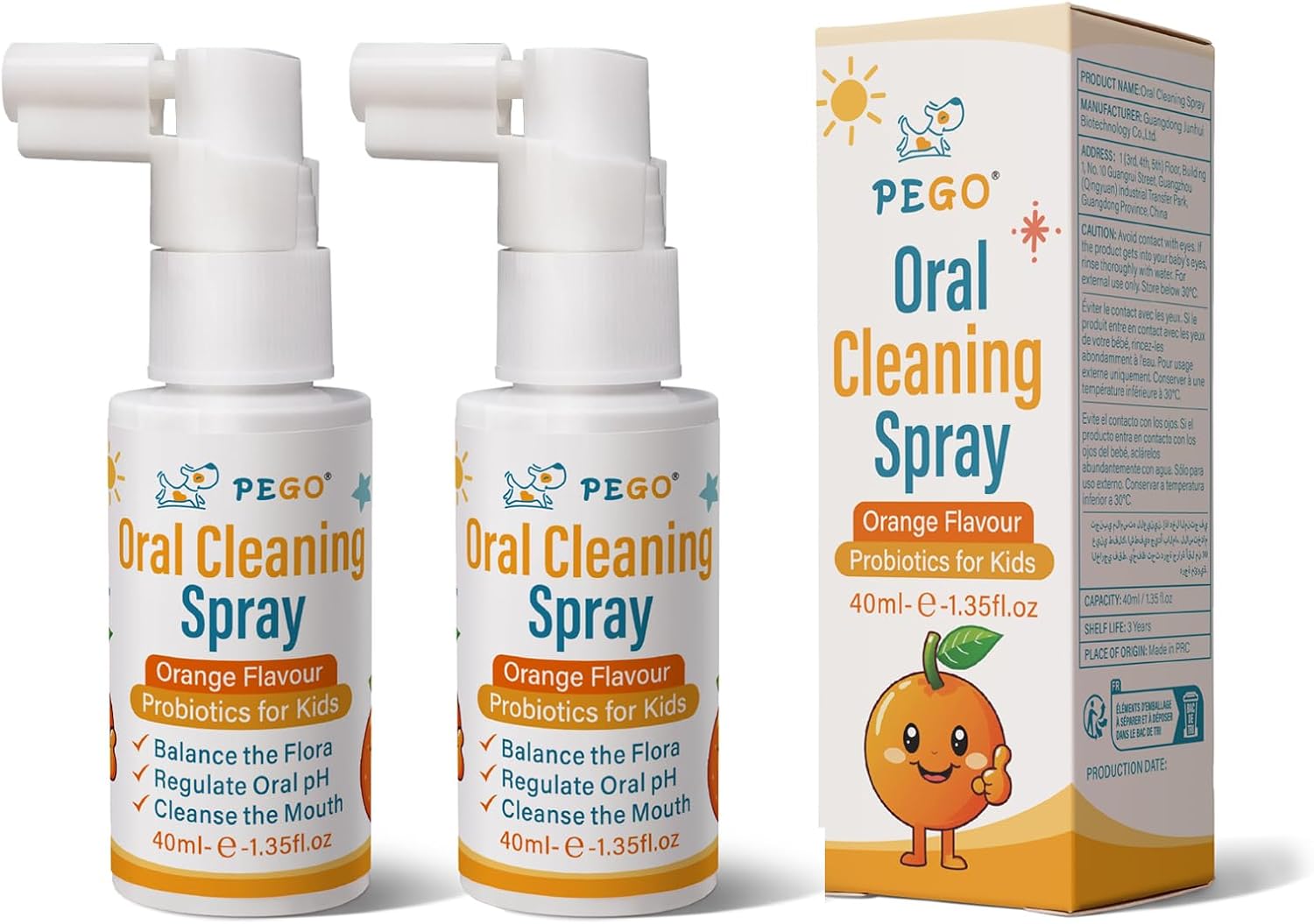 PEGO Kids Oral Spray, Toddler Toothpaste Helper for Daily Oral Care and Fresh Breath, Children Approved with Fluoride Free for Newborn to Preschoolers, Xylitol (40ml*2, Orange)