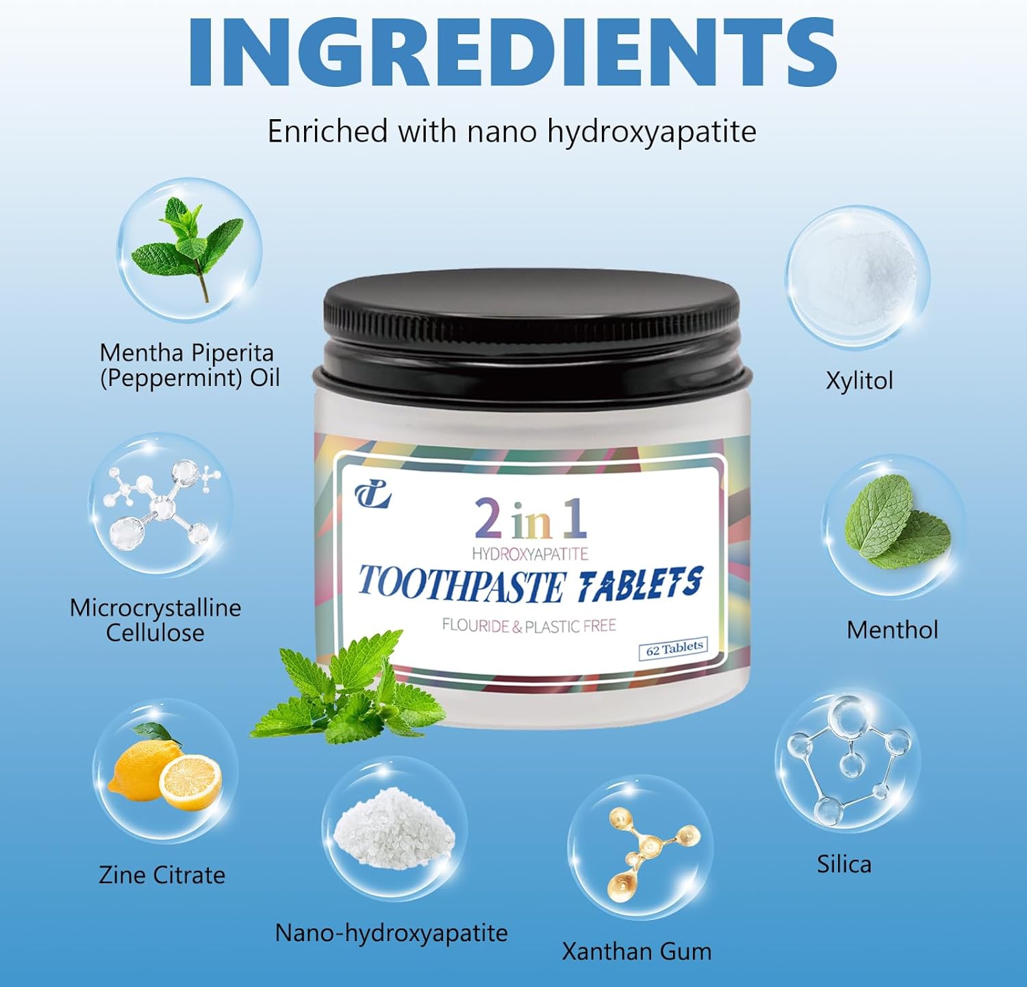 Toothpaste Tablets with Nano Hydroxyapatite – 2-in-1 Chewable Mint Tablets for Fresh Breath & Daily Cleaning, Fluoride-Free, Travel Friendly Jar, 62 Count (1)