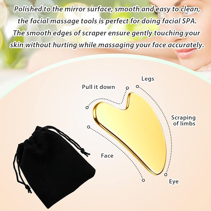 Nuanchu Stainless Steel Gua Sha Facial Tools Metal Guasha Tool for Face Body Jawline Shaper, Double Chin Reducer, Puffiness Reducing, Lymphatic Drainage Massager Skin Care Gift with Pouch(Gold)