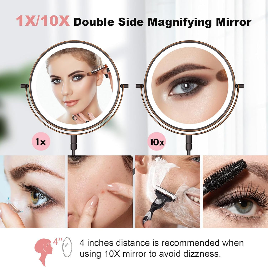 Rechargeable Wall Mounted Makeup Mirror - 8 Inch Double Sided 1X/10X Magnifying Mirror with 3 Color Lights Dimmable Touch Screen, 360°Swivel 19.6 Inch Extendable Accordion Bathroom Mirror