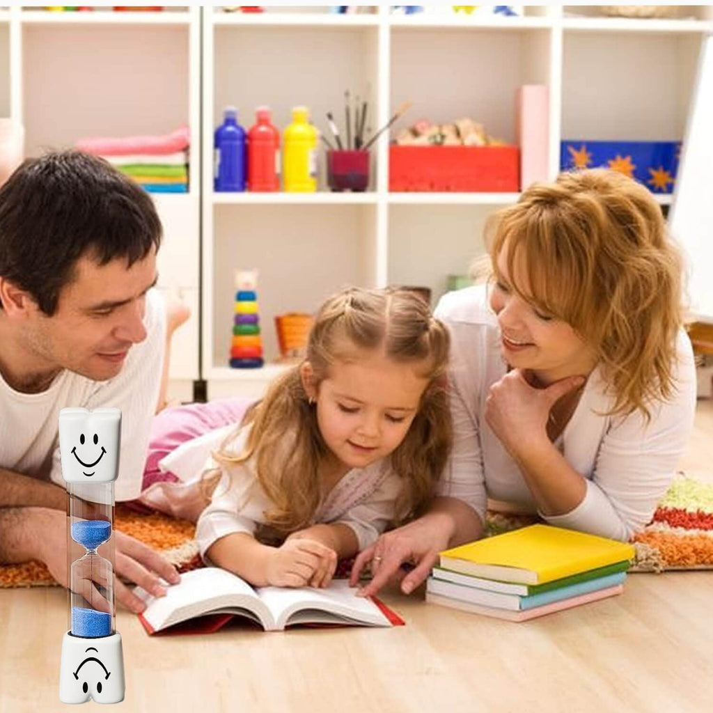 2 Minute Toothbrush Sand Timer for Kids, Small Blue and Red Smiley Acrylic Hourglass Sand Clock Set, Plastic Glass Mini Sandglass for Classroom Games Kitchen (Pack of 2)